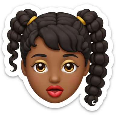 emoji sucking its lips in with one eyebrow up and the other one down dark skin and curly hair in one ponytail sticker