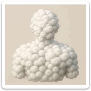 front-facing human shoulder contour filled entirely with 3D curly clouds in Apple emoji style, clouds are voluminous, white, fluffy, curly, front-facing, with realistic light and shadows sticker