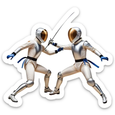 Two fencers in full protective gear duel on a professional piste, their foils clashing in mid-air. The background features a dynamic blur, symbolizing speed and precision. The scene is illuminated by bright arena lights, emphasizing the intensity of the match. Transparent background. sticker