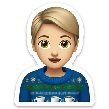 Light brown short haired girl with green eyes drinking coffee wearing blue Christmas sweater sticker