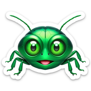 Cinematic Comical Green Bugdie Portrait Emoji, Head tilted dramatically with an exaggeratedly amused expression, featuring a striking, glossy emerald exoskeleton with bold patterns, wide, expressive multifaceted eyes filled with playful disbelief, Simplified yet hilariously expressive features, highly detailed, glowing with a slightly sassy glow, high shine, dramatic yet playful, stylized with an air of cheeky mischief, bright and endearing, soft glowing outline, capturing the essence of a spirited and over-the-top bug, so meme-worthy it feels like it could side-eye its way into internet fame instantly! sticker