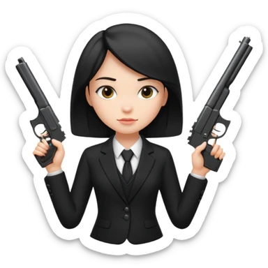 Girl in black suit with gun sticker