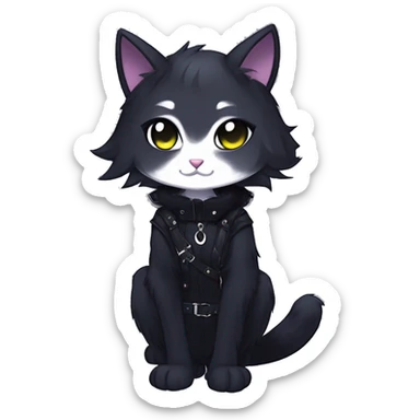 Gorgeous furry gothic dark techwear anime style anthro black cat furry sona Fakemon with blushing face aesthetic and pretty edgy black with collar and harness trending style sticker