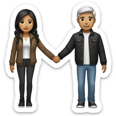 a couple holding hands. the guy has black middle part hair and is Persian and Filipino mix. the girl has brown medium length hair white and asian mix. the girl is where a crop top and the guy is wearing a jacket. sticker