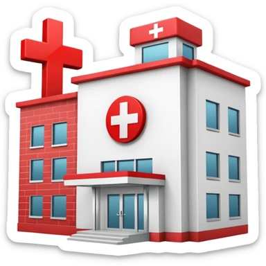 A hospital building with a red +. In PNG format. sticker