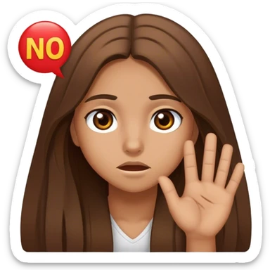 En tjej som är 17 år och har brunt långt hår, bruna ögon och är solbränd som säger NEJ  sticker