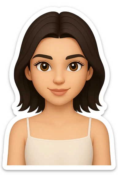 Edit the female face with short dark hair, center part, brown eyes in Apple emoji style with a 3D look and soft shading. Create a gentle smile expression. Transparent background. sticker