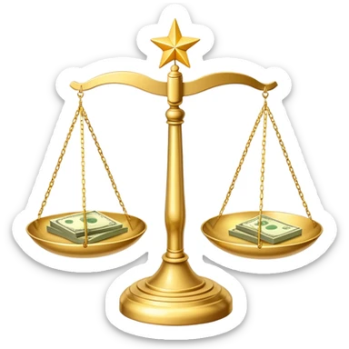 A shiny gold balance scale with dollar bills on the left side and three stars on the right side sticker