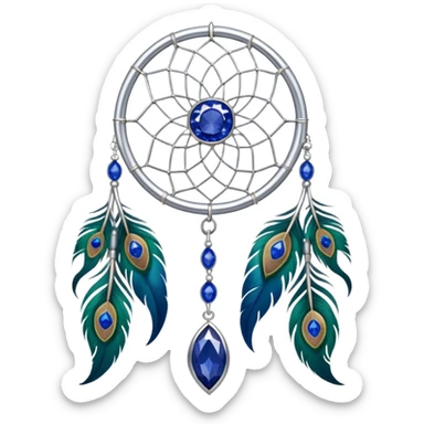 a Silver Dreamcatcher with sapphire-stones and emerald-stones, and with peacock-feathers. Big sapphire gem in the middle. Many tiny emeral gems around it.   sticker