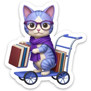 Purple and blue cat, with glasses and a shawl, pushing a 4 wheeled cart full of books sticker