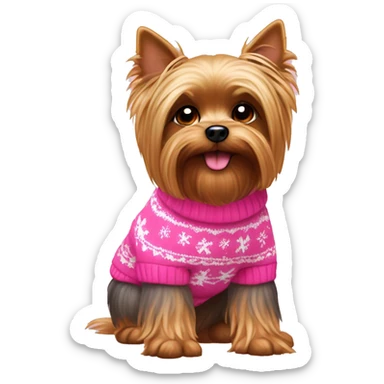 Yorky dog wearing a pink Christmas sweater sitting down sticker
