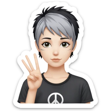 pixie shag hair black with streaks of gray, dark T-shirt with a peace sign  sticker