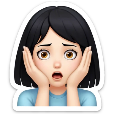 Shocked girl face with black hair and hands on face, big text saying "HELP" sticker