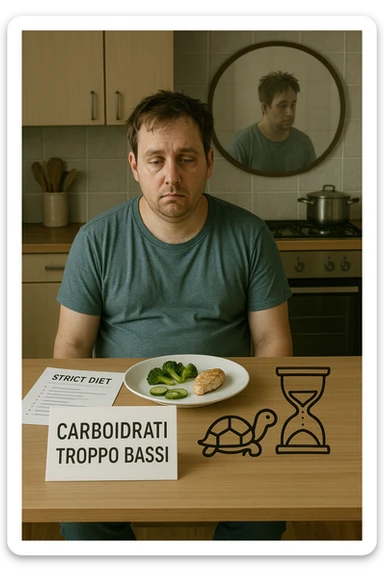Uomo sui 35 anni in cucina, con espressione affaticata e spenta, guarda un piatto con pochissimi carboidrati (solo qualche verdura e proteine). Accanto a lui, fogli con una dieta rigida e una scritta visibile: 'Carboidrati troppo bassi'. Il suo corpo appare bloccato, senza definizione, con uno specchio alle spalle che riflette una figura stanca e senza progressi. Sul tavolo ci sono simboli che richiamano il metabolismo rallentato: una tartaruga, una clessidra ferma. sticker