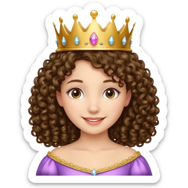 A brunette curly hair girl with a princess crown smiling gently. sticker