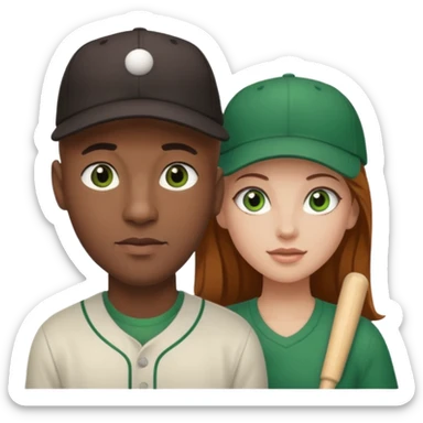 Black bald guy with a baseball cap & a white girl brown hair green eyes sticker