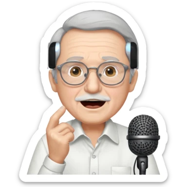 singer, Old man, singing to mic, white shirt glasses sticker