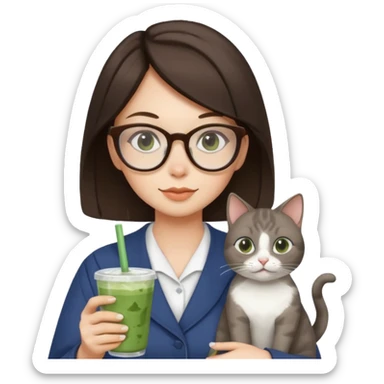 a brunette woman in here 30S drinking an iced matcha, carrying a grey cat and a map of the world sticker