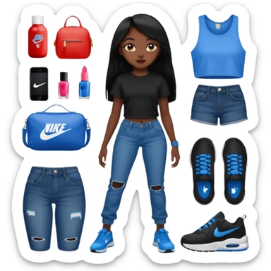 face girl with nails and cute make up black girl strait hair super long  top and slim body and baggy jeans and nike choes sticker