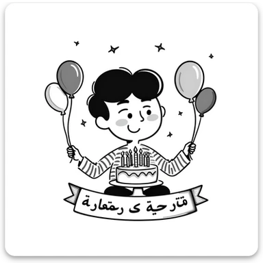 A very colorful, vibrant illustration of a happy little boy celebrating with a birthday cake with lit candles, colorful balloons and decorations. Include large, clear Persian text at the bottom that says: "امیدرضا جان تولدت مبارک" sticker