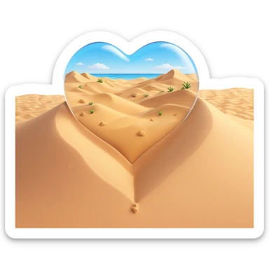 heart-shaped transparent emoji with only sand dunes inside, no cactus or plants, realistic glass and sand sticker