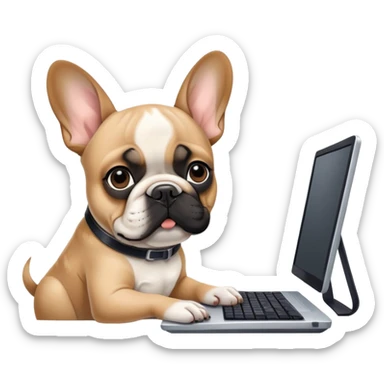 Fawn Frenchie with black muzzle working behind computer sticker