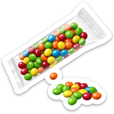 Regular colorful rainbow Skittles candy package spilling only green round candies, standard colorful Skittles packaging with only green Skittles coming out sticker