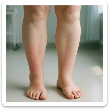 Hyperrealistic human legs in the phase of disinflamation, skin with redness and swelling decreasing, areas gradually transitioning from red to normal, clinical atmosphere, natural light, 4K details. Variant 2, more evident improvement. sticker