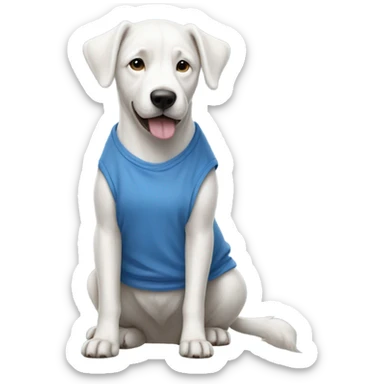 A fully white dog with a blue tank-top also with blue baggy jeans sticker