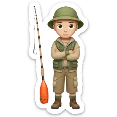 A boy with crossed arms, looking annoyed, dressed in fishing clothes full body sticker
