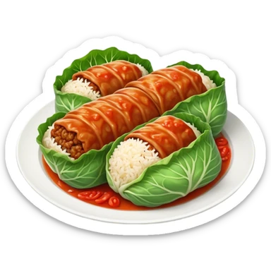 Cinematic Realistic Go≈ÇƒÖbki Dish Emoji, featuring cabbage rolls stuffed with rice and meat rendered with lifelike detail and inviting, homey lighting. sticker