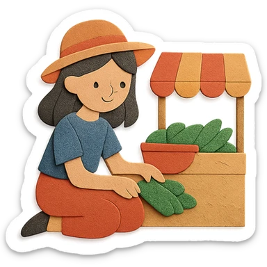 girl sitting on the marketplace, paper craft style sticker