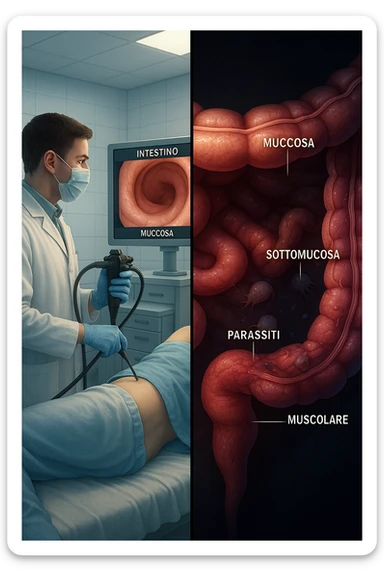 A split-screen medical illustration in cinematic style: on the left side, a doctor performing a colonoscopy on a patient in a sterile clinic, with the endoscopic camera displaying clean, healthy mucosal surfaces on a screen. On the right side, a symbolic cross-section of the same intestine — but shown in deeper layers beneath the surface, where parasitic organisms (small, translucent or shadowy figures) hide between folds and tissues not visible via standard scope. The contrast is clear: what is seen vs. what remains hidden. Lighting on the left is bright, sterile, clinical; lighting on the right is darker, with red and blue tones to suggest inflammation and invasion. Shot in hyper-realistic 3D medical style, educational but emotionally charged IN ITALIANO sticker