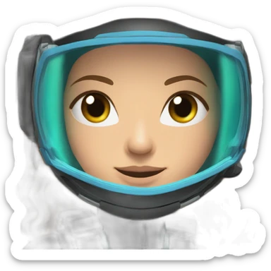 woman with underwater scubadiver gear with fins, in her face green and blue eyes, large and straight brown hair, pink diving underwater black suit gear sticker