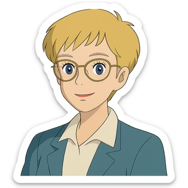 ghibli style blonde teacher with pixie haircut, gold glasses, blue eyes, big eyelashes, nice smile sticker