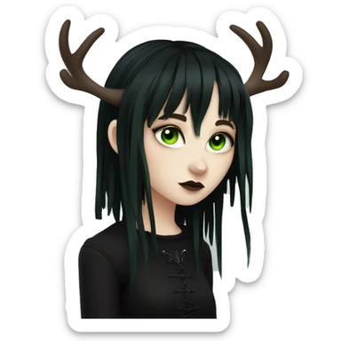gothic girl, pale skin, green eyes, black dreads, bangs, black clothes, eyeliner, deer antlers  sticker