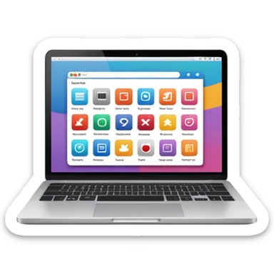 laptop emoji with website on screen organized in grid of colorful image blocks and text blocks, some images showing art or photography sticker