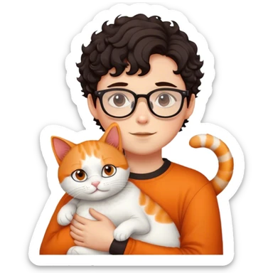 Boy with curl dark hair and glasses hugs white and orange cat sticker