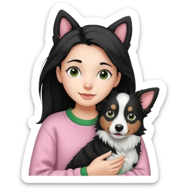 cheerful girl with side parted long black hair, wearing a light pink and green sweater, carrying a black and white border collie with perked ears sticker