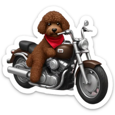 A chocolate brown doodle with curly fur wearing a red and black handkerchief riding a motorcycle sticker