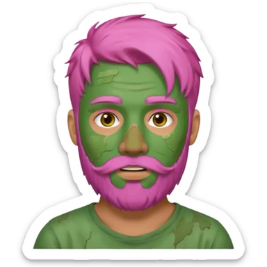 pink haired man with full full face dirty messy green clay mask and beard sticker