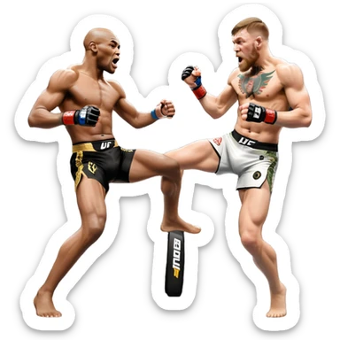An MMA showdown between Conor McGregor and Anderson Silva in the octagon. McGregor is executing a jumping strike, while Silva skillfully deflects the attack. The background shows the UFC octagon with roaring fans and vibrant energy. Transparent background. sticker