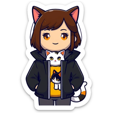 Light-skinned girl with brown straight hair wearing a black jacket, with one pure white cat with yellow eyes and one calico cat with orange black and white patches sticker
