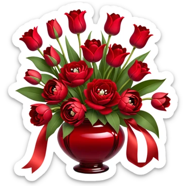 "A luxurious bouquet featuring deep red roses, vibrant red tulips, lush red peonies, and delicate red pansies, all tied together with elegant pearl-colored silk ribbons, arranged in a stunning crimson glass vase, set against a softly lit background."
 sticker