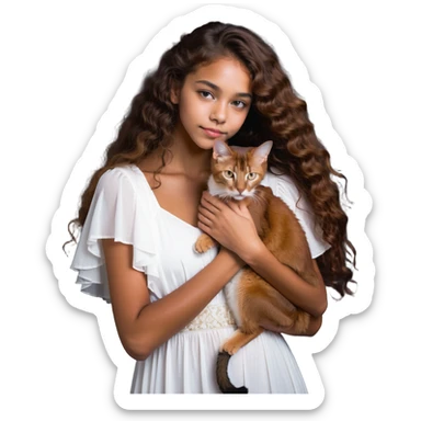 beautiful girl with curly long brown hair in a white dress cuddling an Abyssinian cat with reddish-brown fur sticker