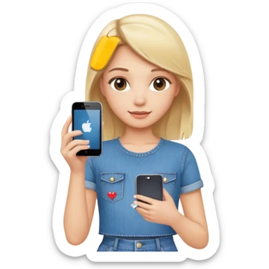 A blonde pretty girl wearing a denim skirt holding an iPhone 16 sticker