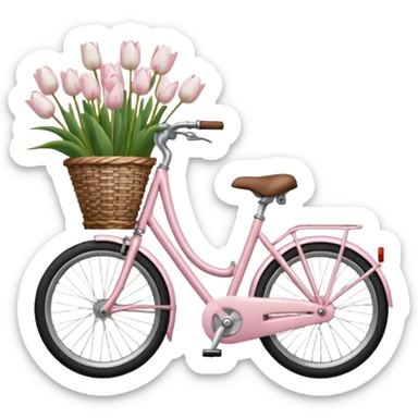 realistic light pink bicycle with basket of white tulips at front sticker