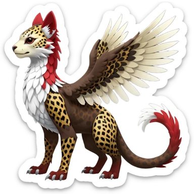 Winged hyper-realistic Feral Rare realistic edgy brown, white, red pretty beautiful handsome gorgeous aesthetic colorful vibrant Vernid-Trico-Silvally-Nargacuga-Gryphon-Leopard-fusion-hybrid-species-Fakemon-creature by LiLaiRa, splotch-rosettes fur markings, rounded ears, full body sticker