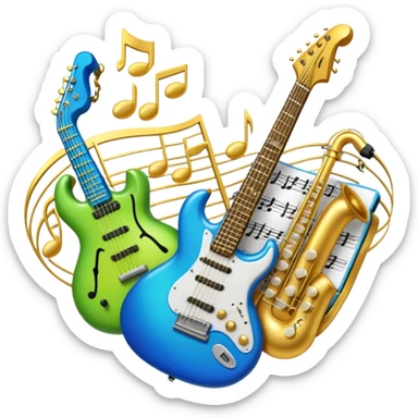 Create an artistic and vibrant emoji that represents music arrangement and orchestration. The design should feature musical notes, a synthesizer, drums, and an electric guitar, symbolizing the fusion of different instruments in an arrangement. Include subtle details like flowing lines to represent harmony between instruments, and integrate sheet music in the background. Use a dynamic mix of colors like electric blue, neon green, and gold to evoke both the classical and modern elements of music. The background should be transparent, with elements that show the blend of creativity and musical structure. sticker