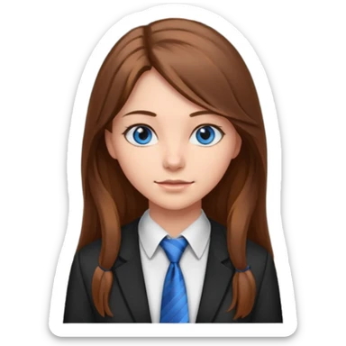 high school class room with a blackboard, with a pretty female high school student with long brown hair, blue eyes, wearing a tie sticker